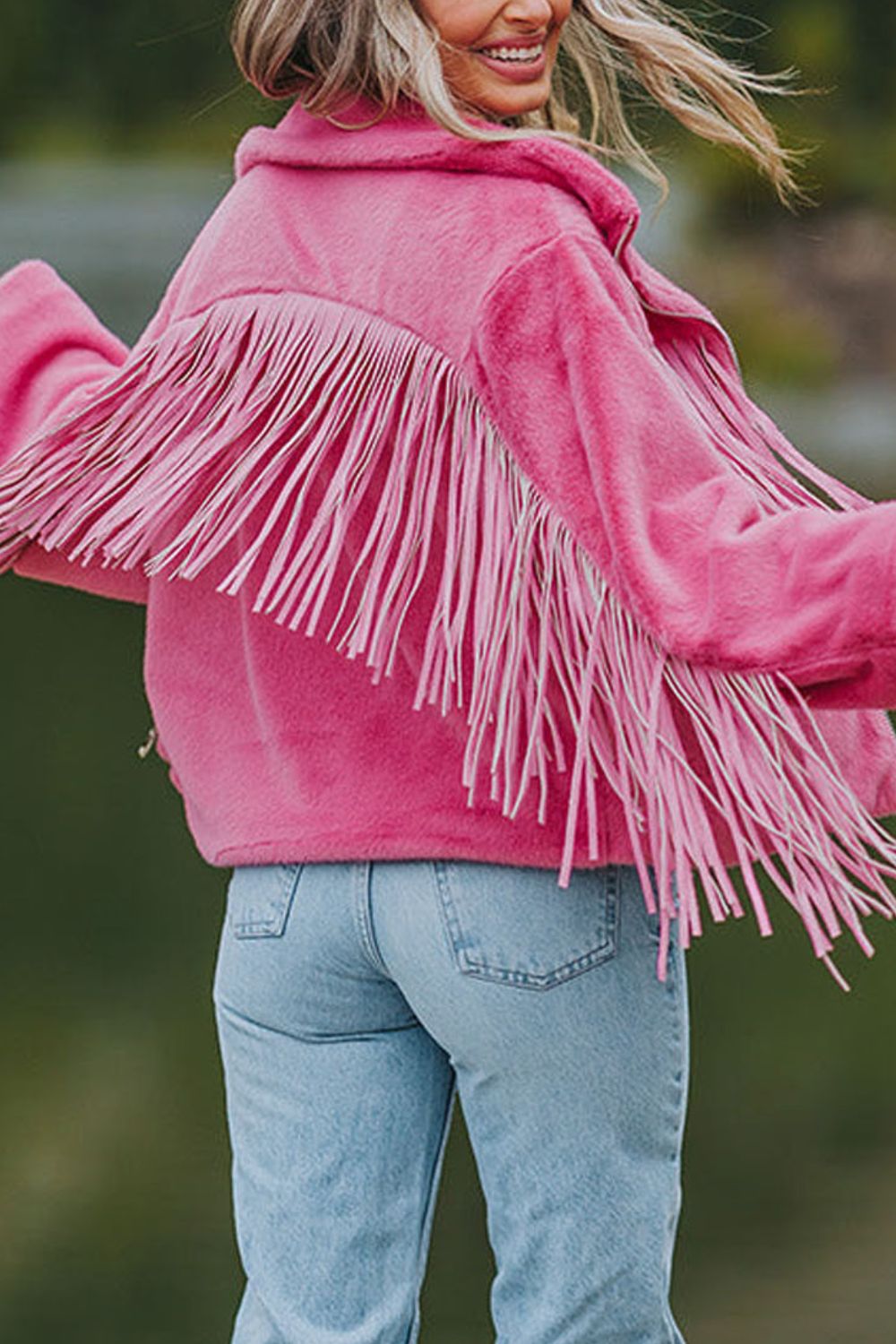 Fringed Zip Up Fleece Jacket Trendsi