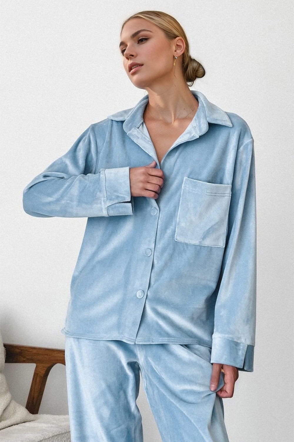 Basic Bae Buttery-Soft Collared Neck Button Up Top and Pants Set Trendsi