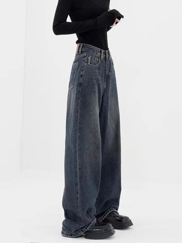 Retro Dark Blue Wide Leg Jeans Baggy Straight Trousers ARZ