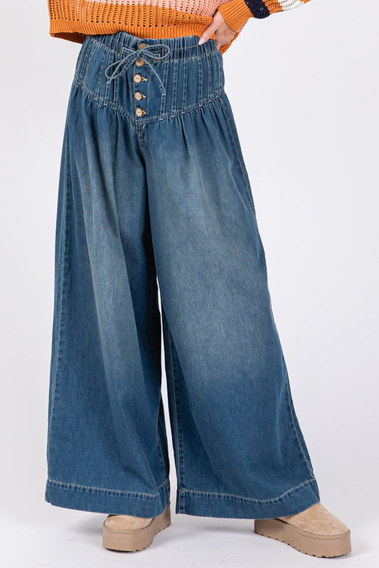 SAGE+FIG Smocked Waist Band Wide Leg Jeans Trendsi