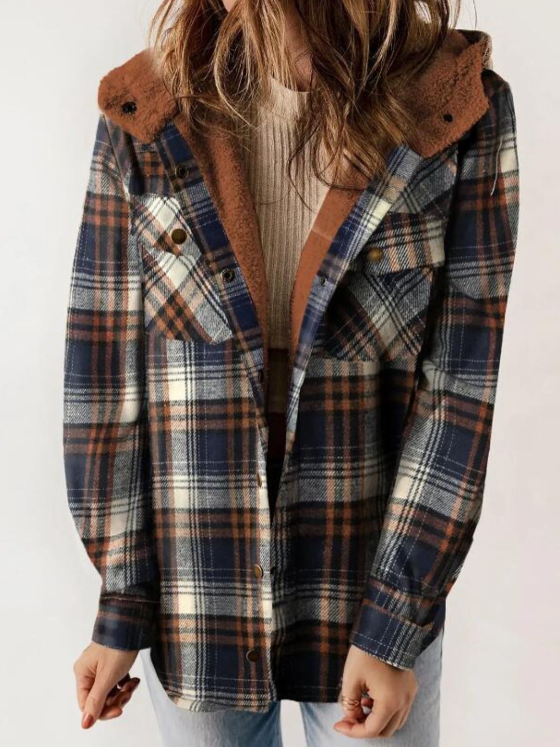 Plaid Snap Down Plush Hooded Jacket Trendsi