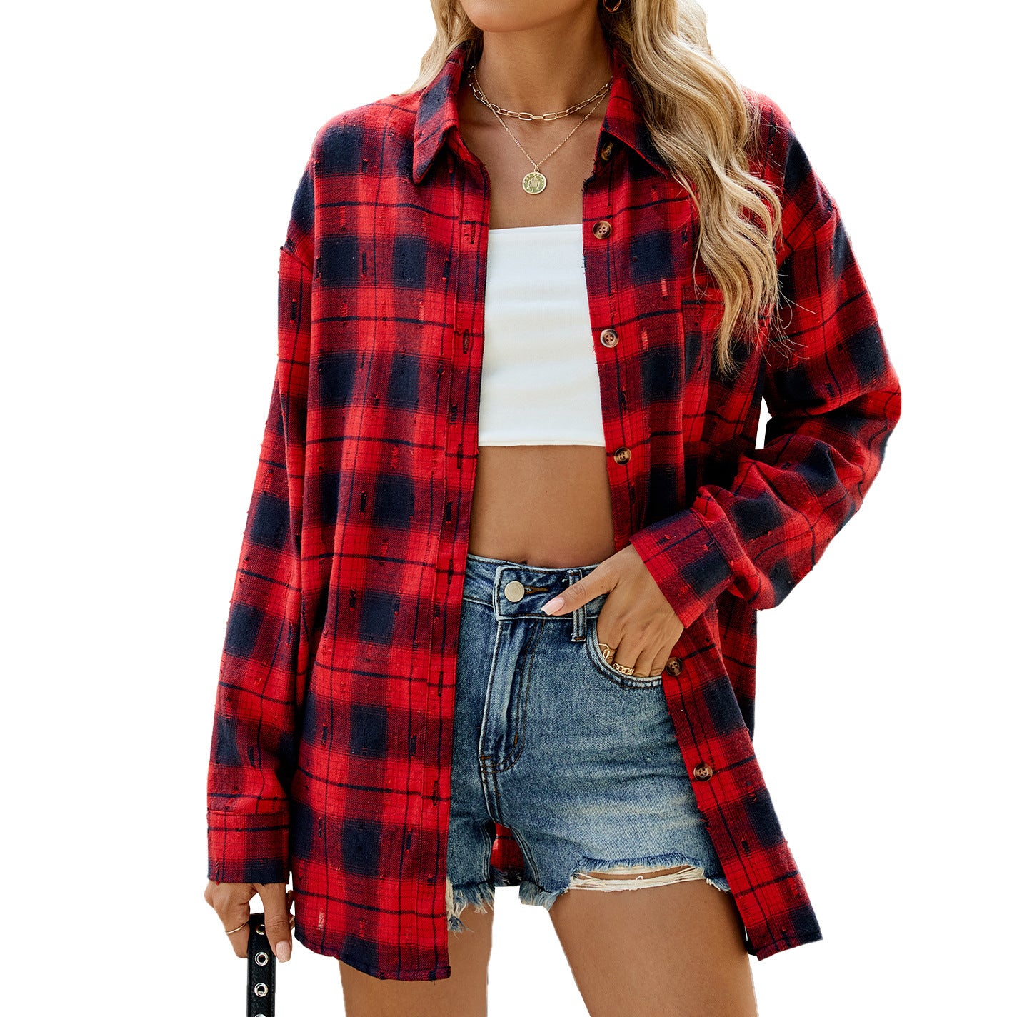 Fashion Retro Long Sleeve Loose Lapels Plaid Women ARZ