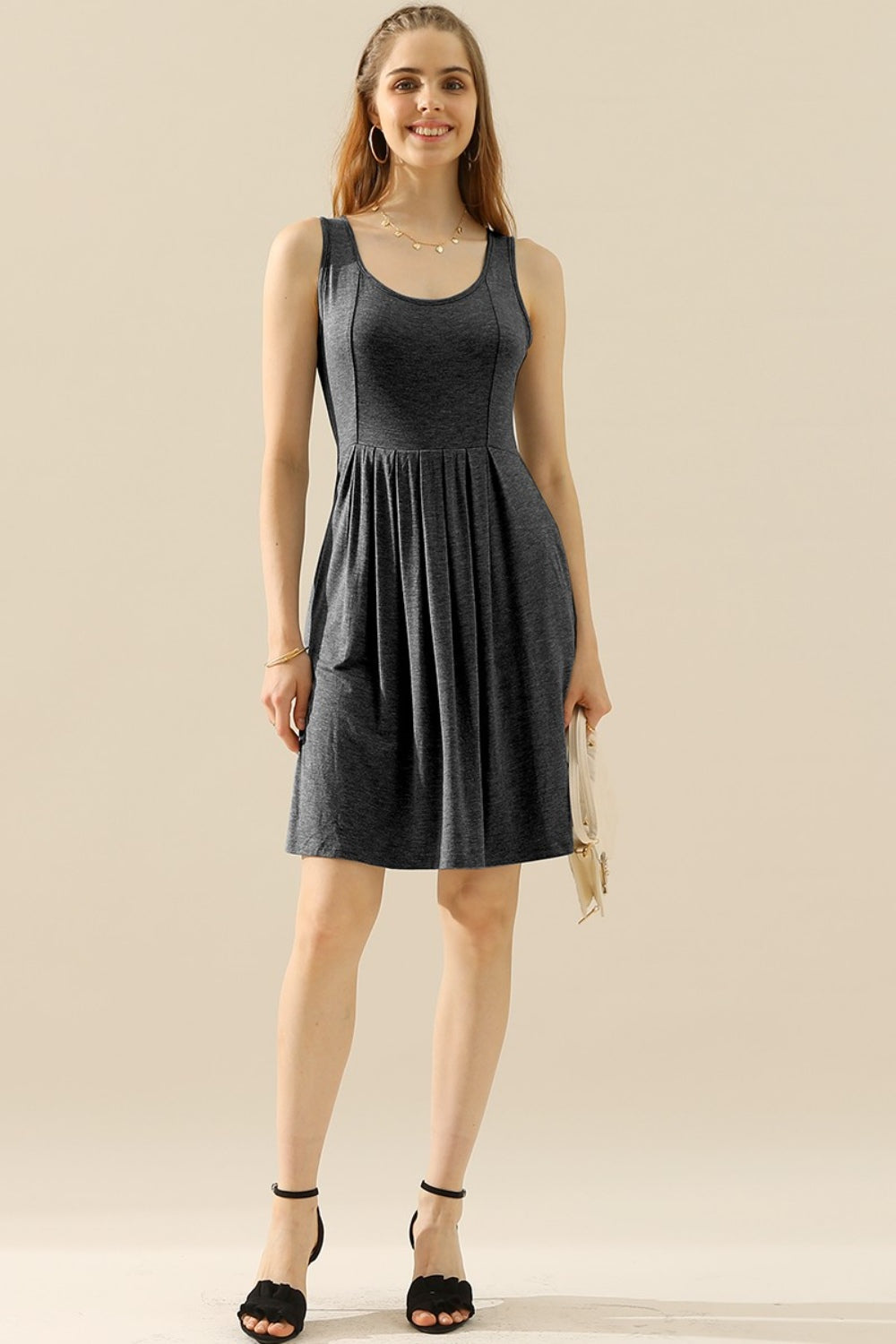 Doublju Full Size Round Neck Ruched Sleeveless Dress with Pockets Trendsi