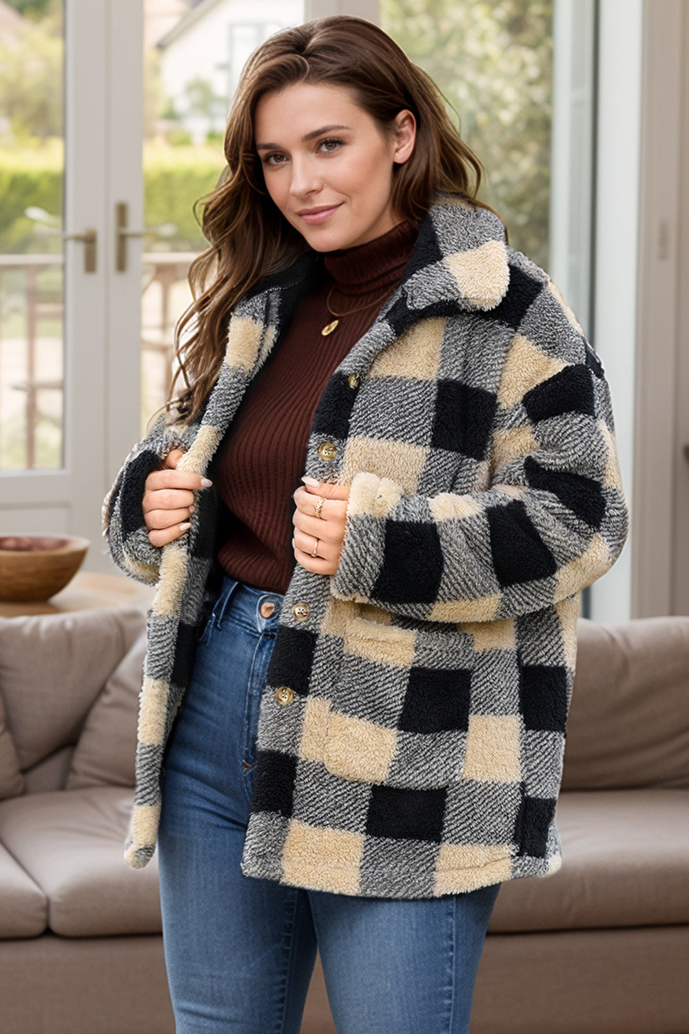 Plus Size Plaid Button Up Long Sleeve Coat Trendsi