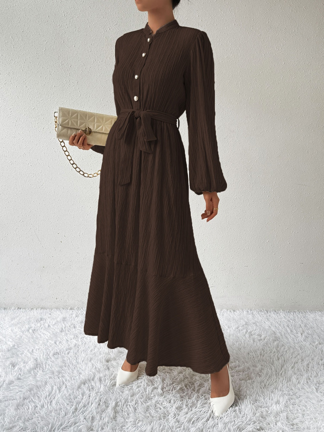 Honey Tie Waist Long Sleeve Dress Trendsi