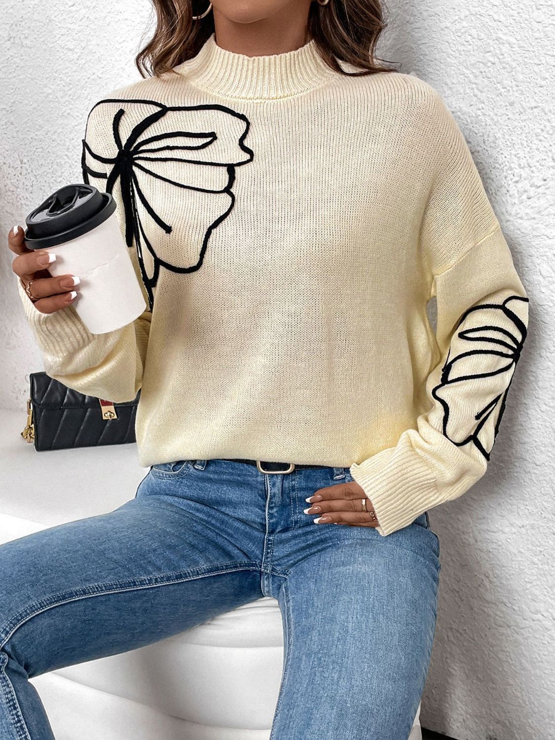 Perfee Mock Neck Dropped Shoulder Long Sleeve Sweater Trendsi