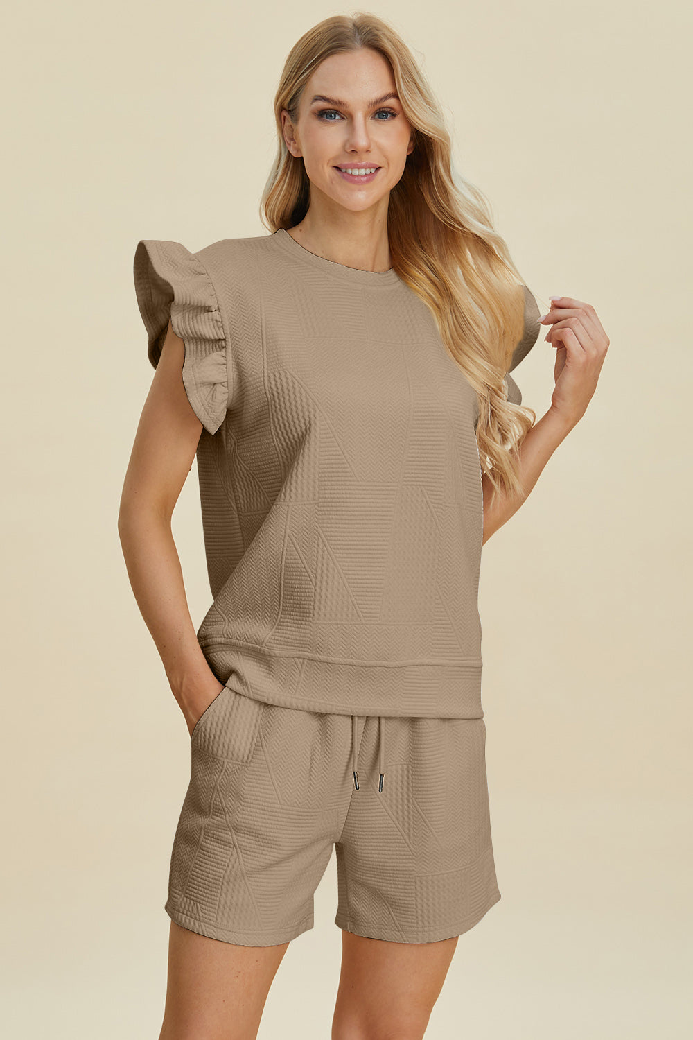 Double Take Full Size Texture Round Neck Ruffle Sleeve Top and Shorts Set Trendsi