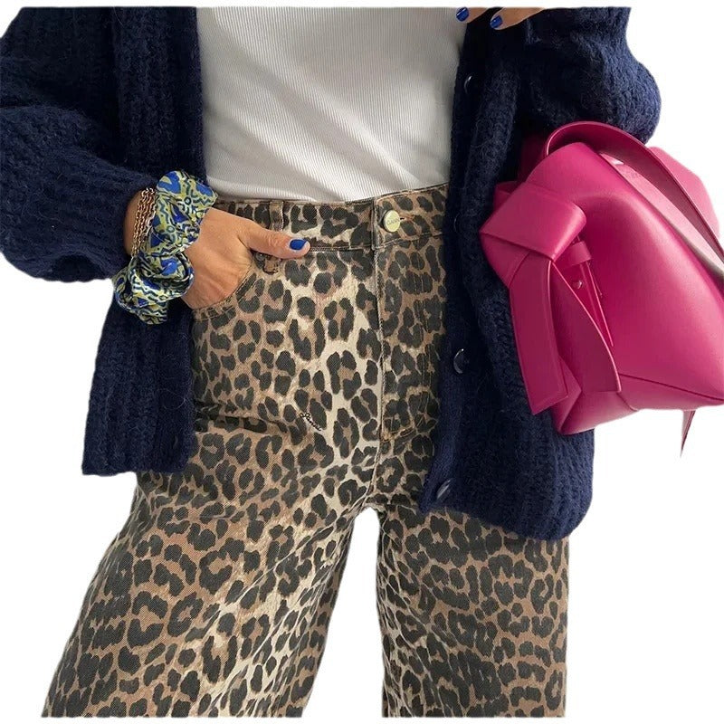 Women's New Leopard Print High Waist Casual Straight Pants ARZ