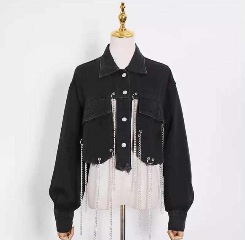 Short Frayed Denim Jacket Women Chain Fashion Style ARZ