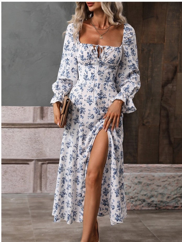 Flowers Printing Long Sleeve Dress Fashion Square-neck Bottom Slit Dresses Womens  Clothing ARZ