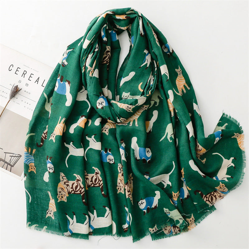 Cotton And Linen Hand Scarf Fashion Cat Cartoon Thermal Shawl ARZ