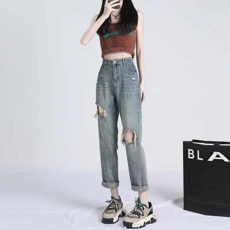 Ripped Daddy Jeans For Women Spring And Autumn 2024 New High Waist Loose Small ARZ