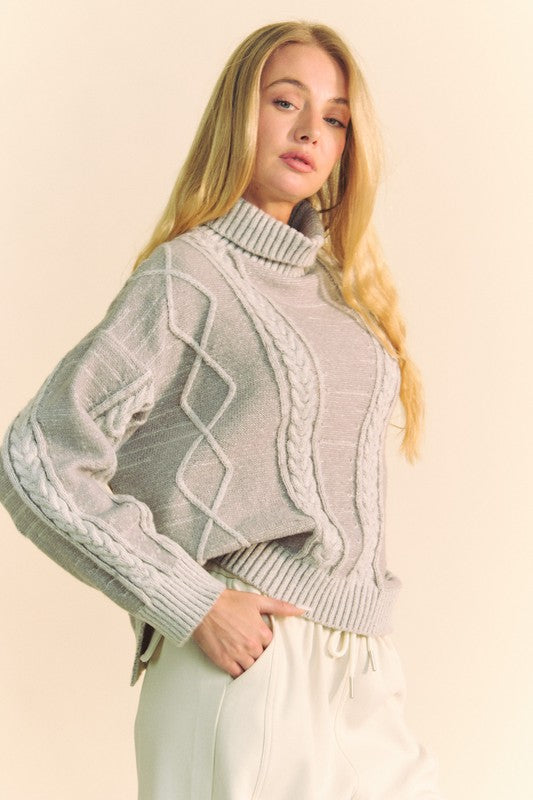 Davi & Dani Cable-Knit Turtleneck Dropped Shoulder Sweater Trendsi