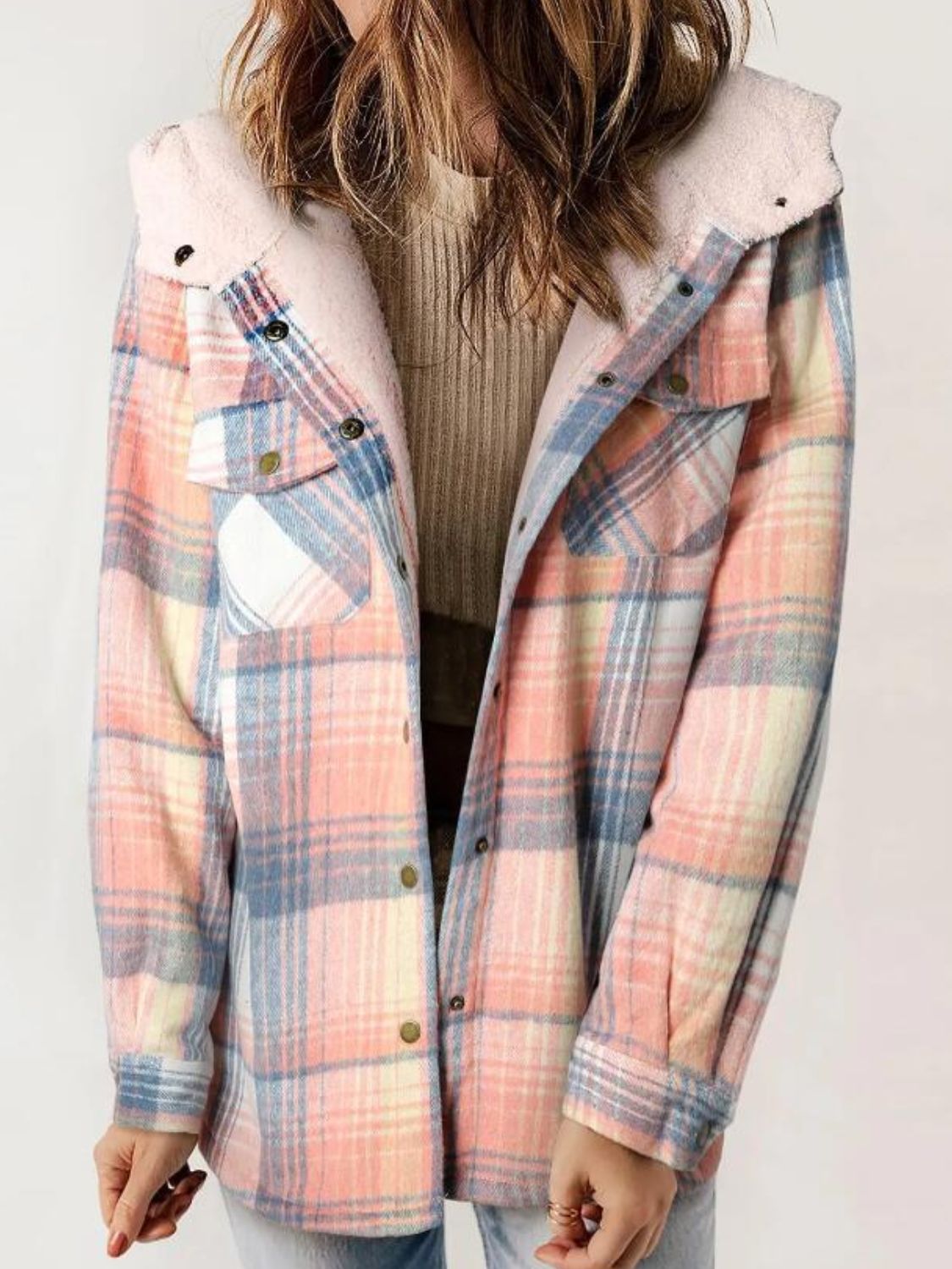 Plaid Snap Down Plush Hooded Jacket Trendsi