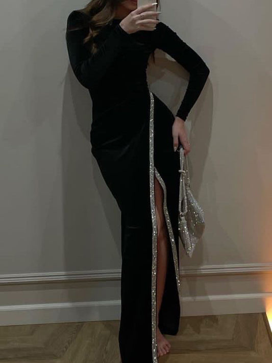 Velvet Paneled Sequin Slit Dress ARZ