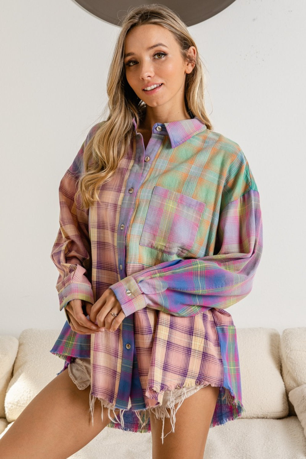 BiBi Plaid Color Block Button Up Shirt Trendsi