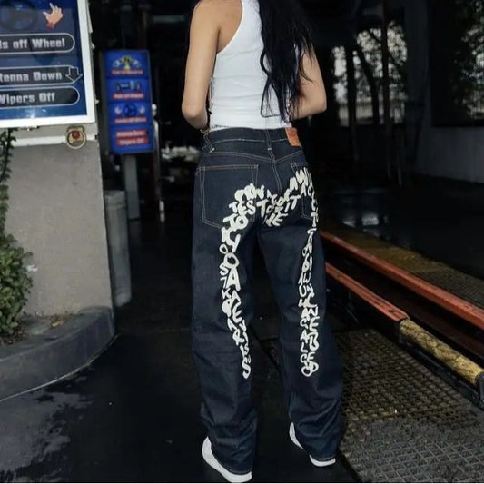 Jeans Letter Print Straight Wide Leg Pants Casual Loose Trousers ARZ