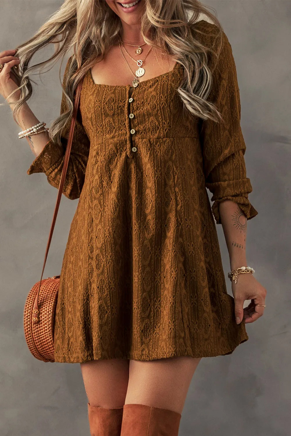 Textured Square Neck Mini Dress Trendsi