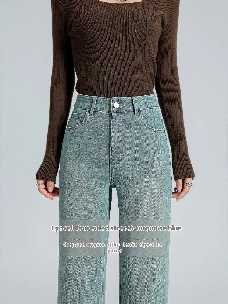 Straight-leg Pants Lyocell Cropped Primary Color High Waist Drainpipe Pants ARZ