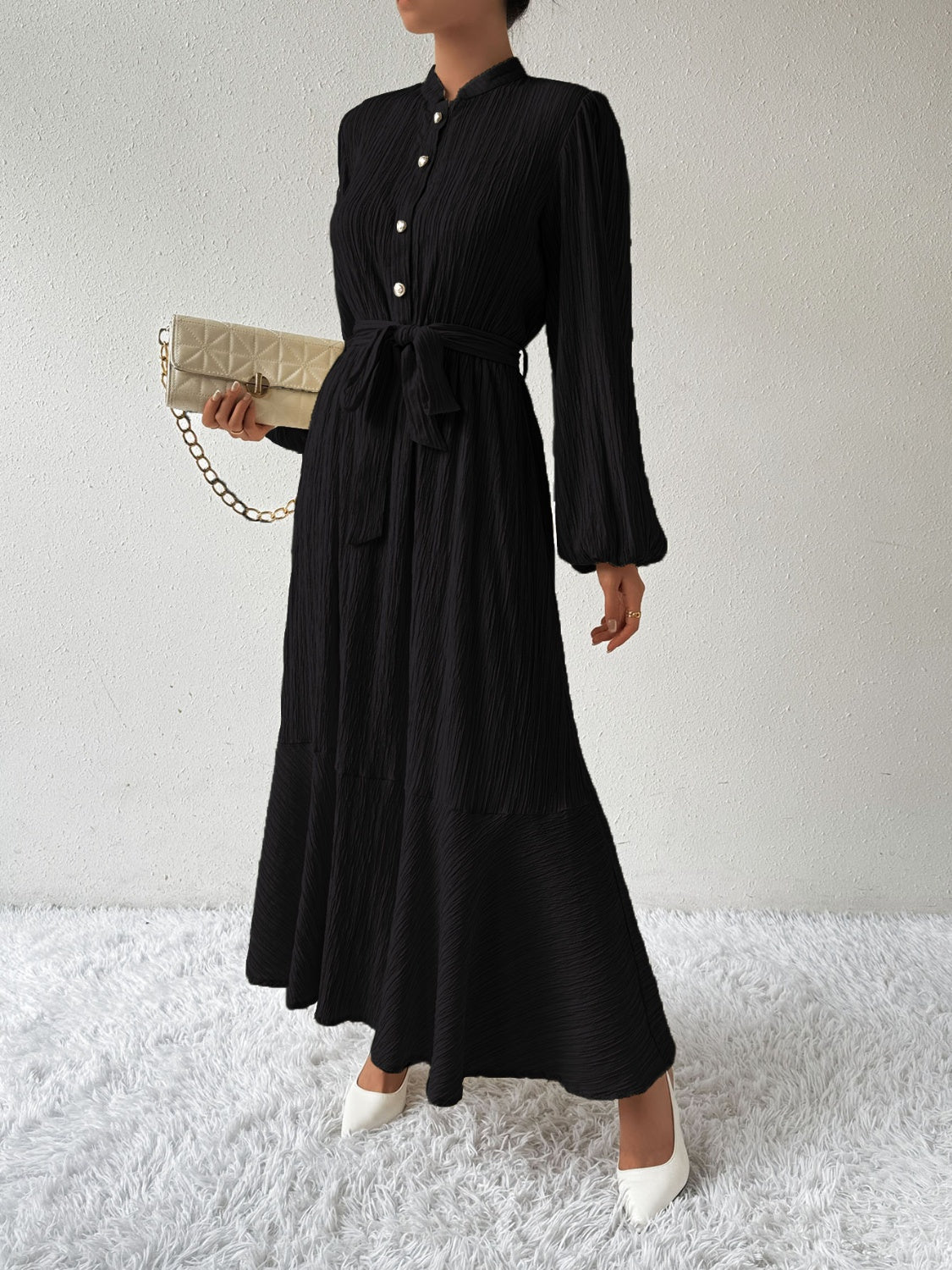 Honey Tie Waist Long Sleeve Dress Trendsi