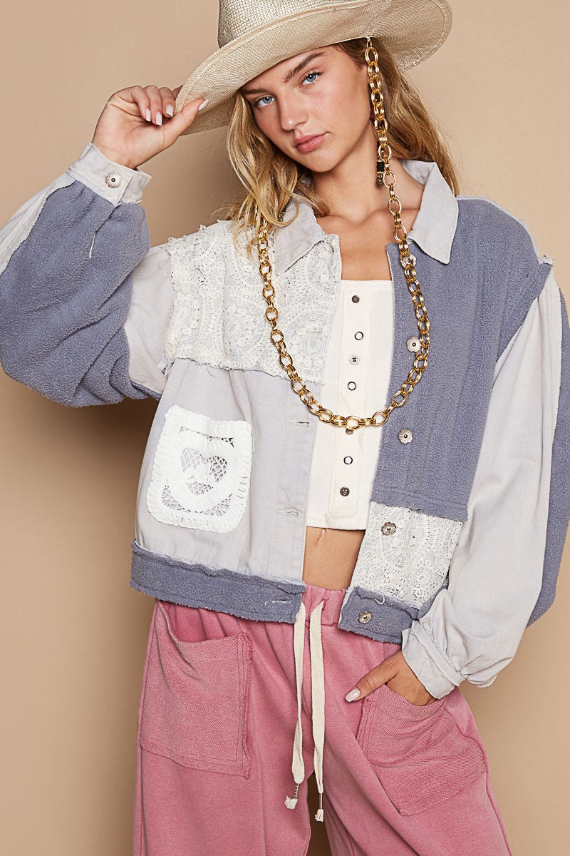 POL Crochet Patch Exposed Seam Button Up Jacket Trendsi