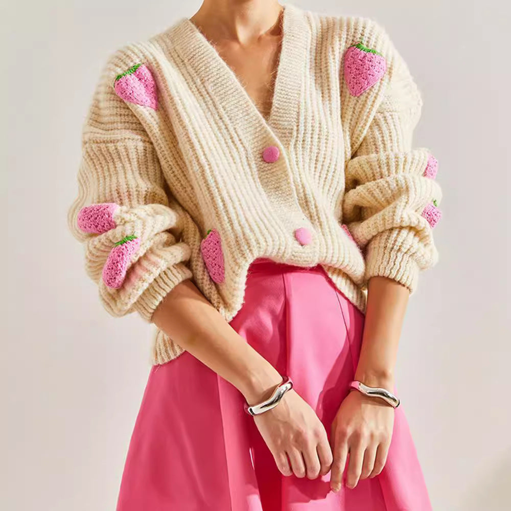 Sweet V-neck Beige Decorative Cardigan Sweater ARZ