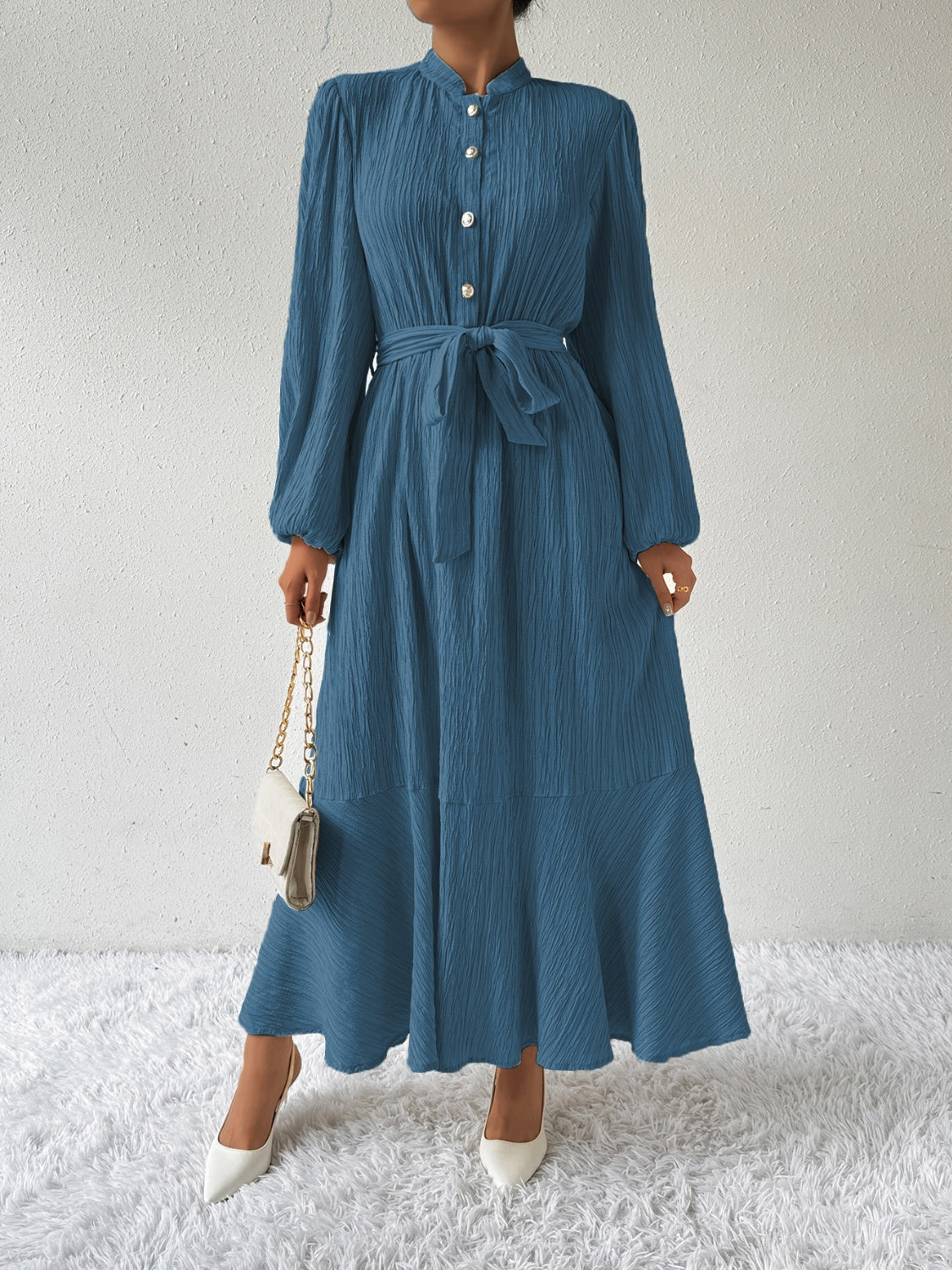 Honey Tie Waist Long Sleeve Dress Trendsi