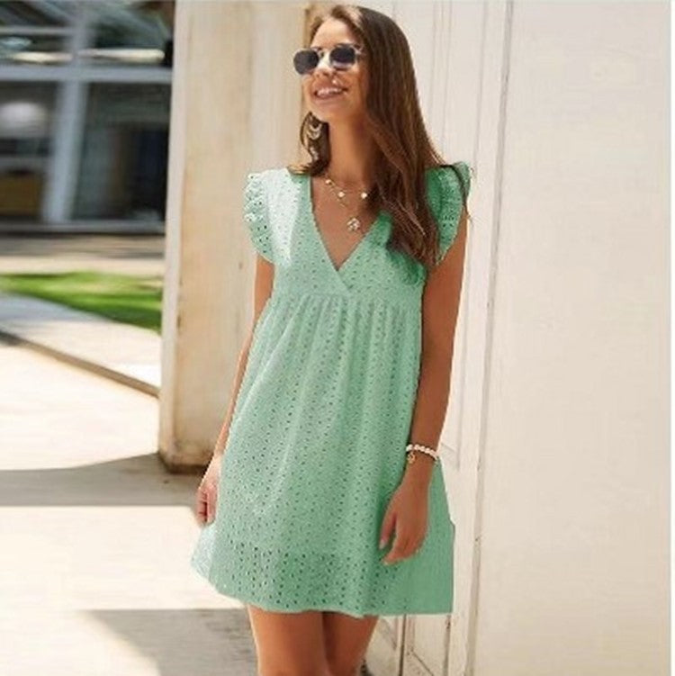 Summer V-neck Cotton Short Skirt Solid Color Dress ARZ