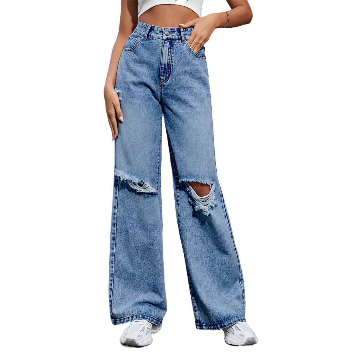 Women's Fashion Holes High Waist Casual Denim Trousers ARZ