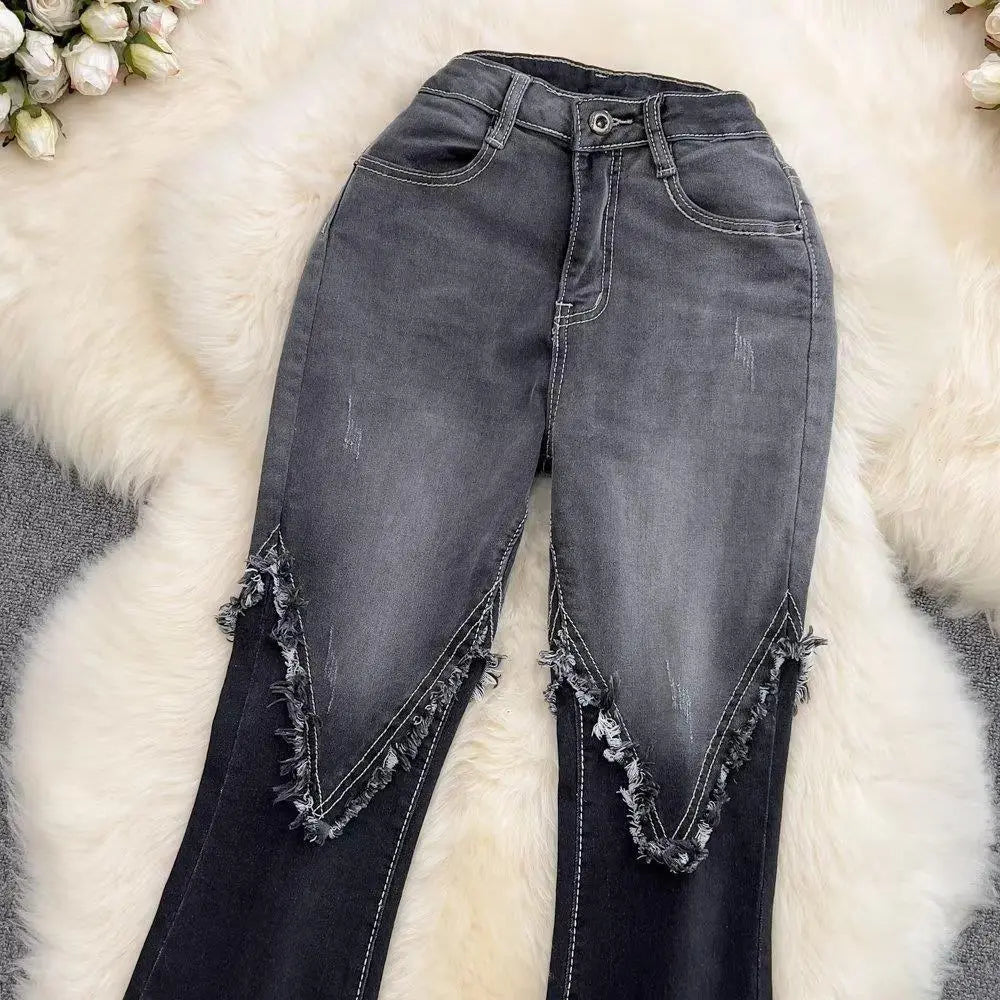 Color Matching Fashionable Elegant Bell-bottom Pants Jeans High Waist Slim Fit Slimming ARZ