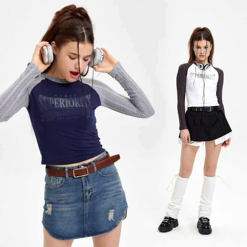 Raglan Sleeve Short Stitching Long Sleeve Top ARZ