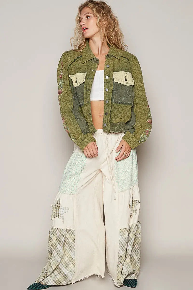 POL Embroidered Sleeve Raw Edge Quilted Jacket Trendsi