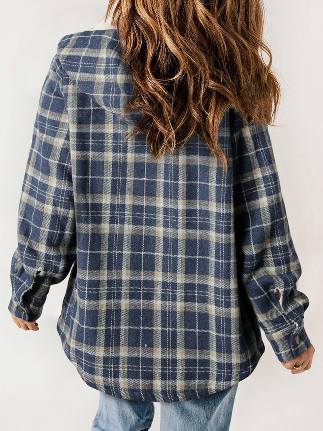 Plaid Snap Down Plush Hooded Jacket Trendsi