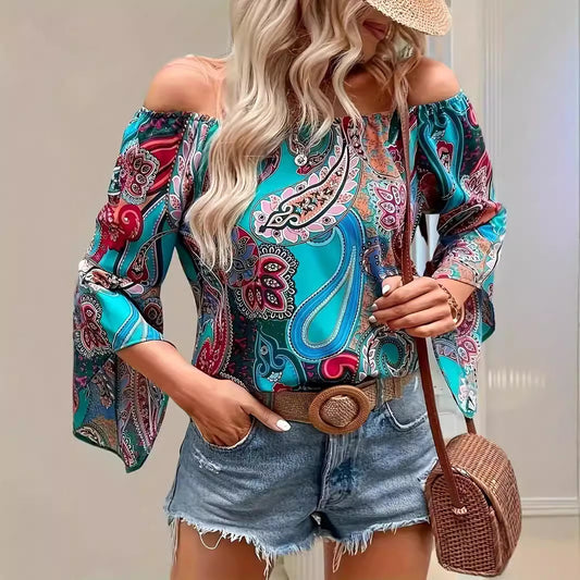 Printed Off-the-shoulder Women's Shirt Elegant Ruffle Sleeve Printed Blouse Sexy ARZ