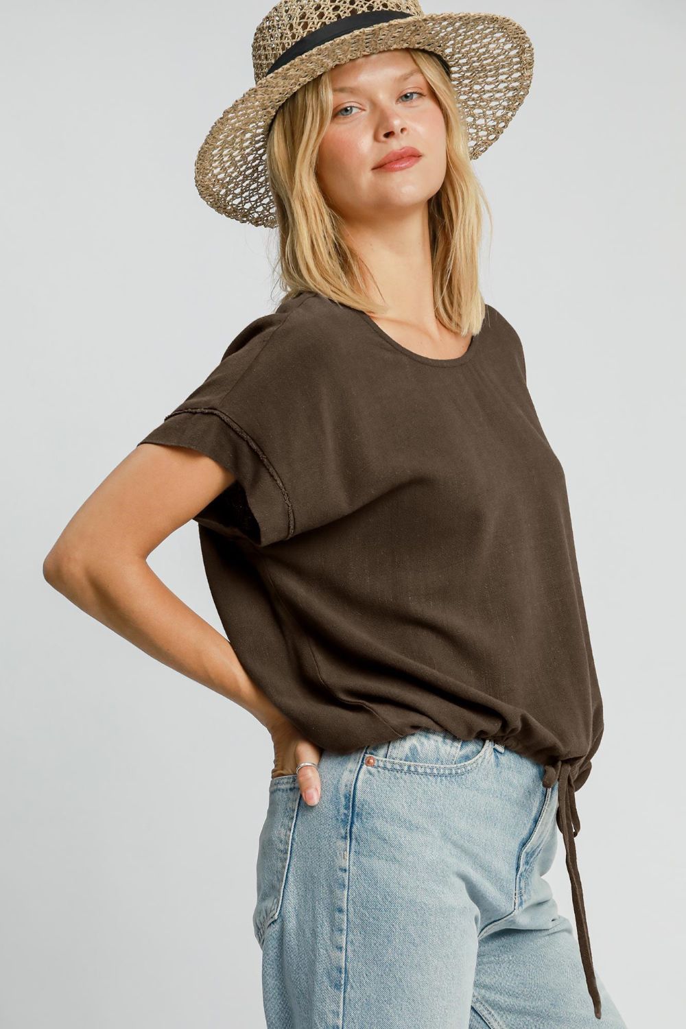 Umgee Drawstring Hem Round Neck Short Sleeve T-Shirt Trendsi