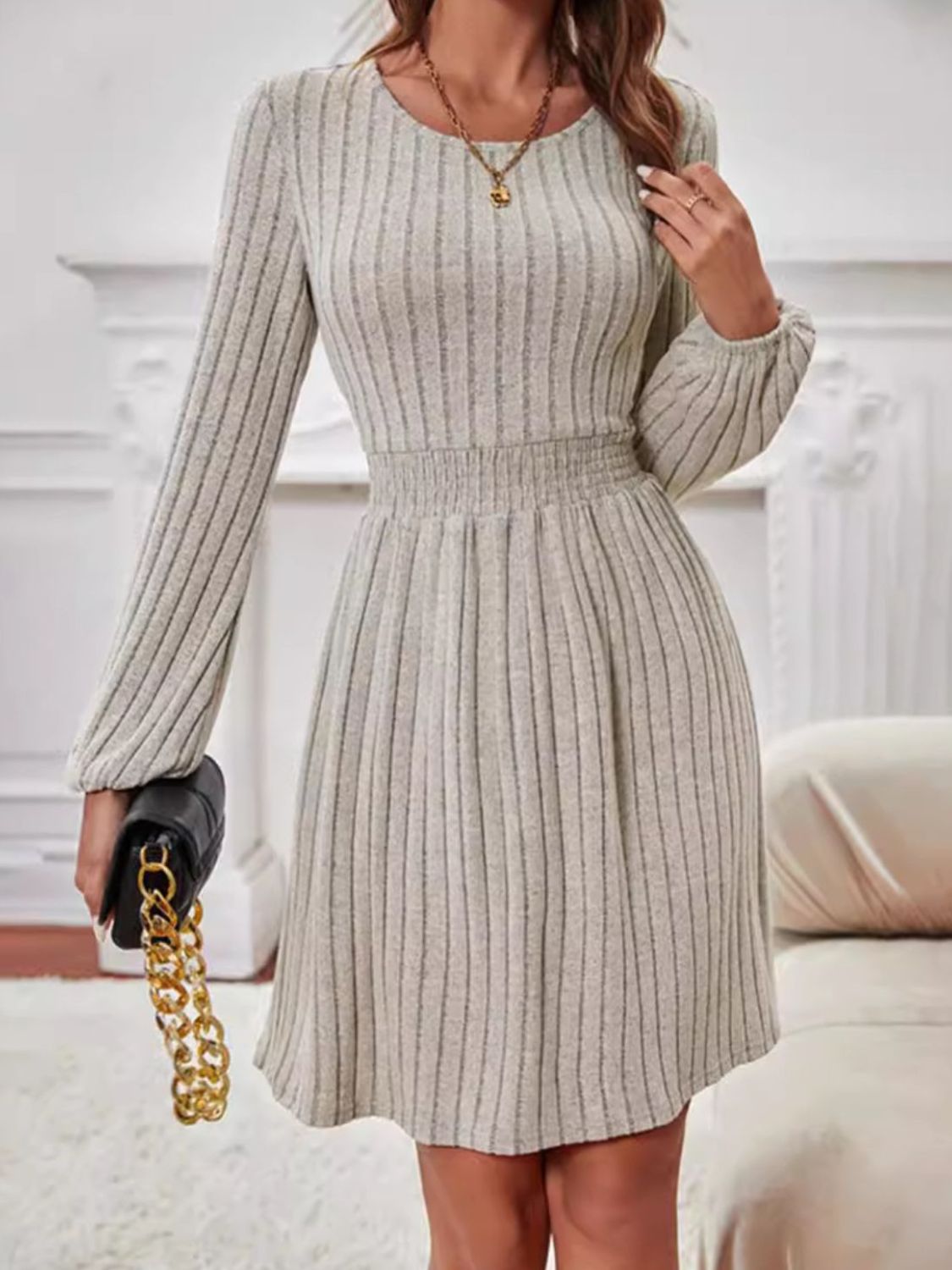 Smocked Round Neck Long Sleeve Knee Length Dress Trendsi