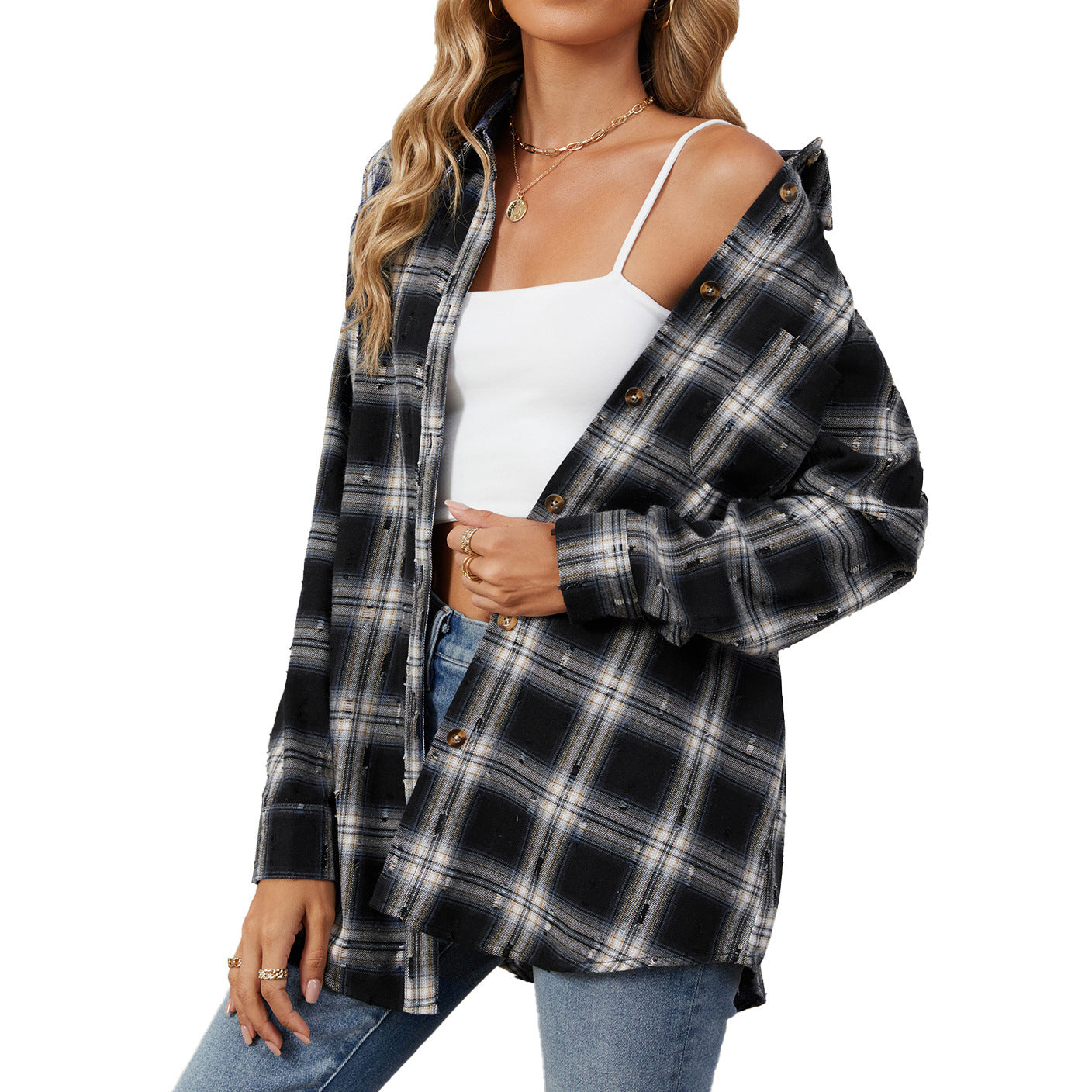 Fashion Retro Long Sleeve Loose Lapels Plaid Women ARZ