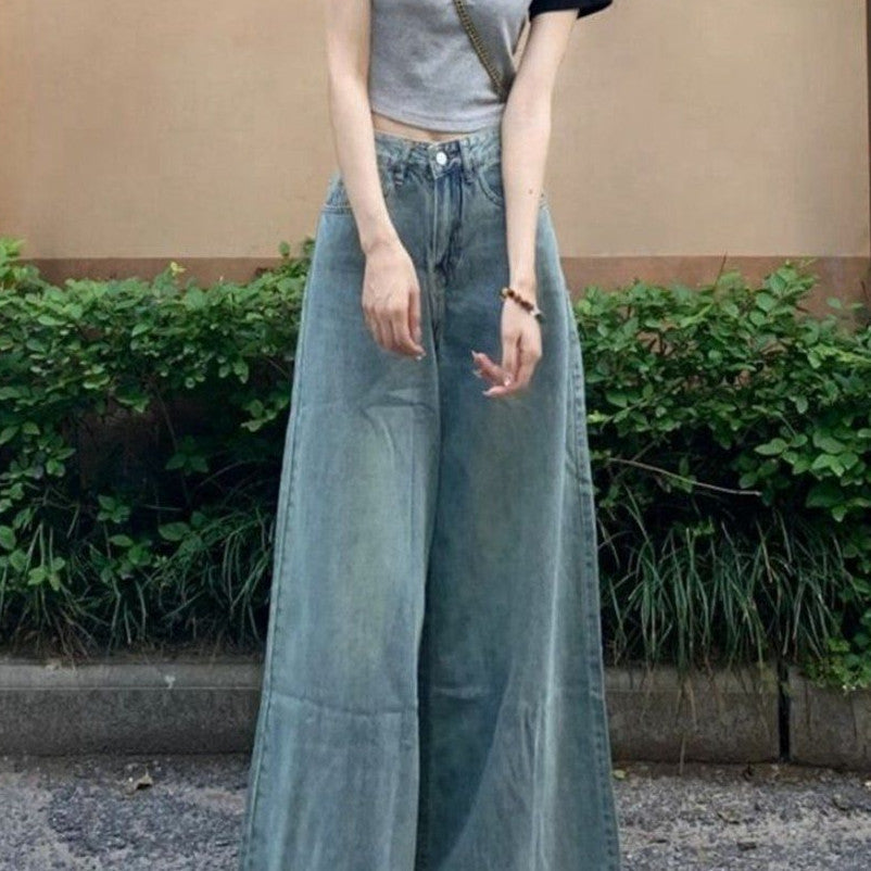 Washed-out Vintage Wide Leg Jeans High Waist Slimming ARZ