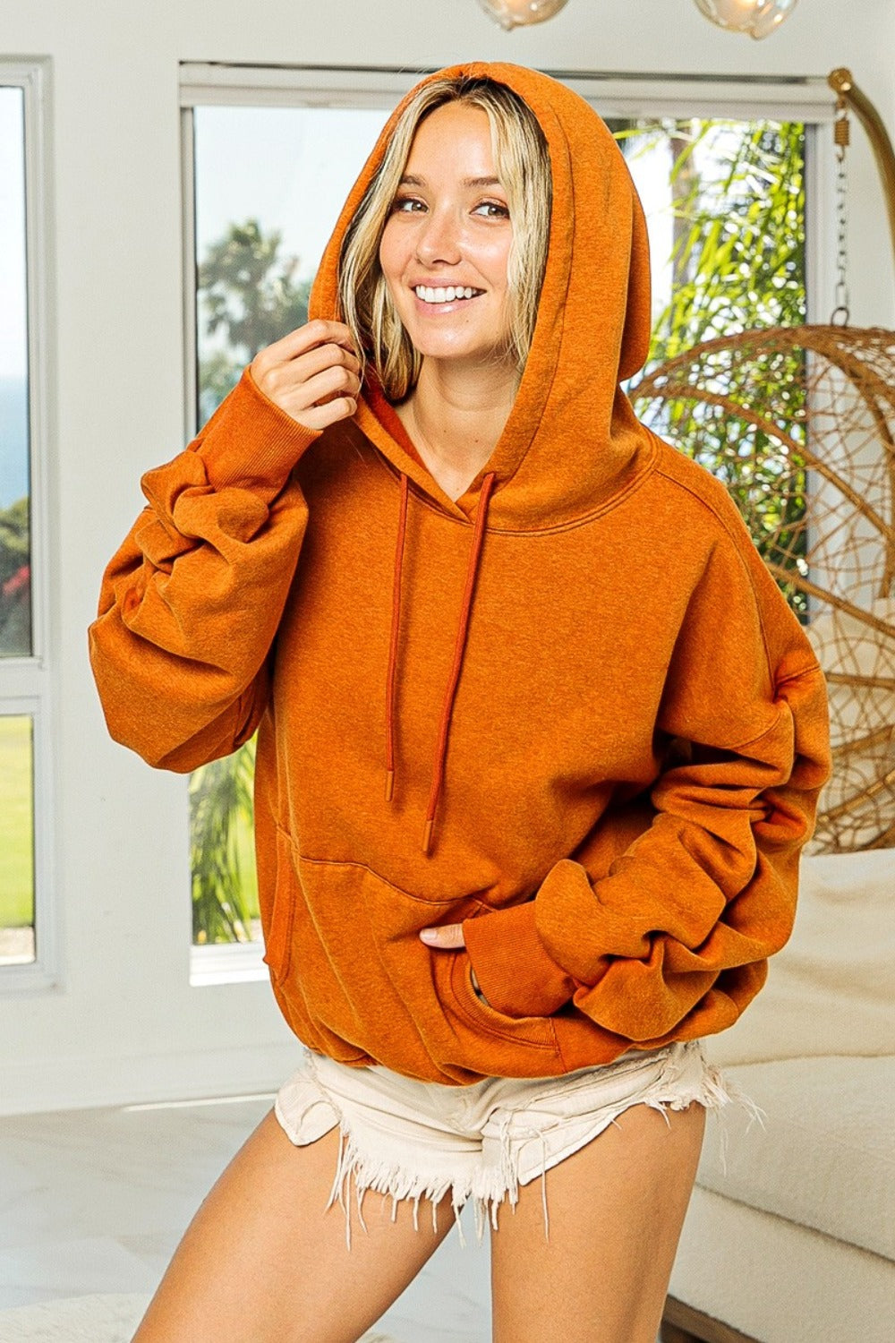 BiBi Ruched Long Sleeve Washed Fleece Hoodie Trendsi