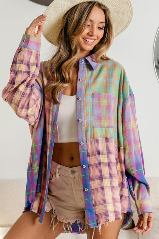 BiBi Plaid Color Block Button Up Shirt Trendsi