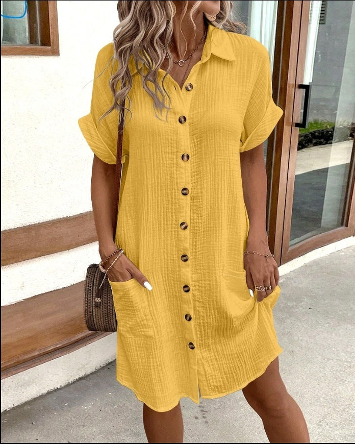 Summer Short Sleeve Shirt Dress Fashion Solid Color Single-breasted Mid-length Loose Dress ARZ