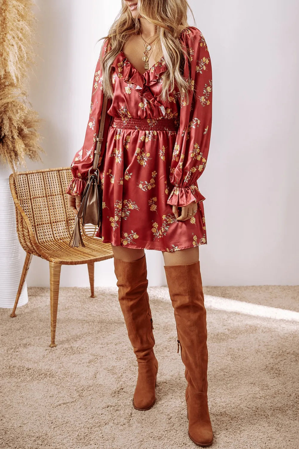 Ruffled Surplice Flounce Sleeve Mini Dress Trendsi