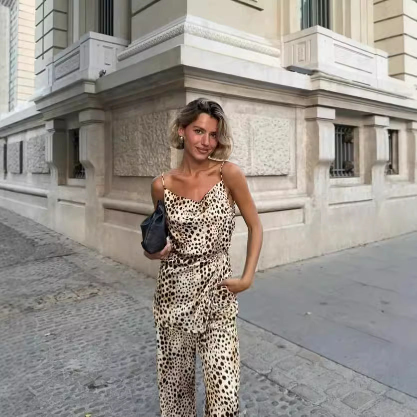 Women's Leopard Print Suspender Trousers Suit ARZ