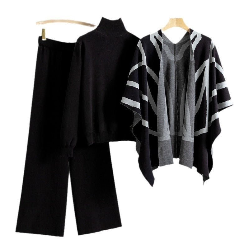 New Elegant Knitted Sweater Shawl Wide Leg Pants Three-piece Set ARZ