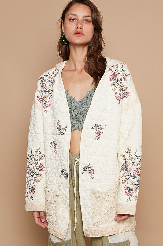 POL Embroidered Open Front Quilted Jacket with Crochet Pockets Trendsi