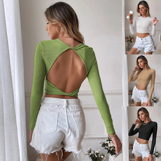 Sexy Backless Casual Short Slim Knit Long Sleeve T-shirt Top As A Base To Wear ARZ