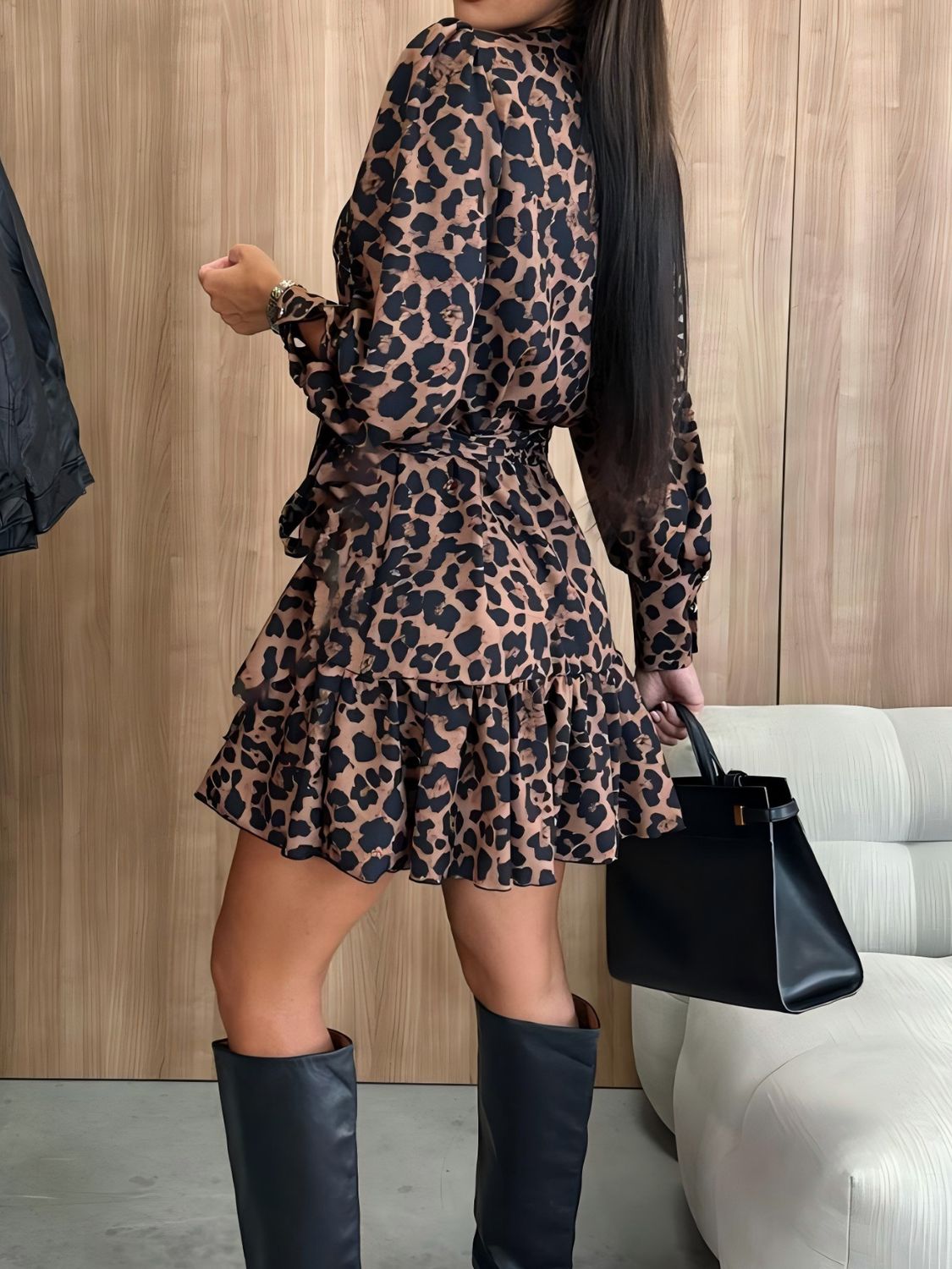 Tied Leopard Surplice Long Sleeve Dress Trendsi