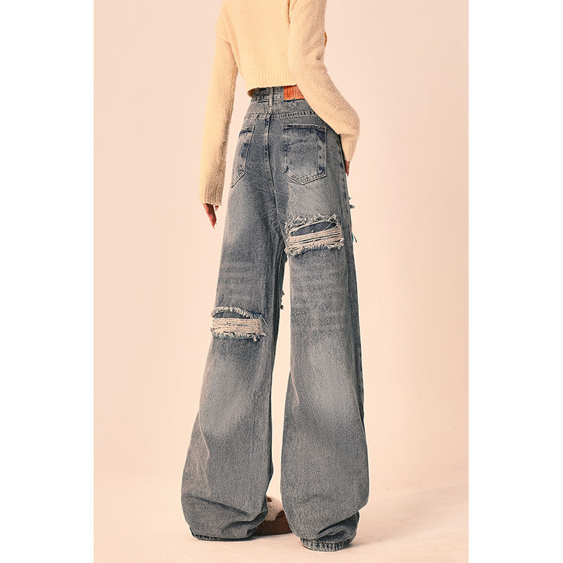 Ripped Jeans Women Loose Straight Wide Leg Oversized Trousers ARZ