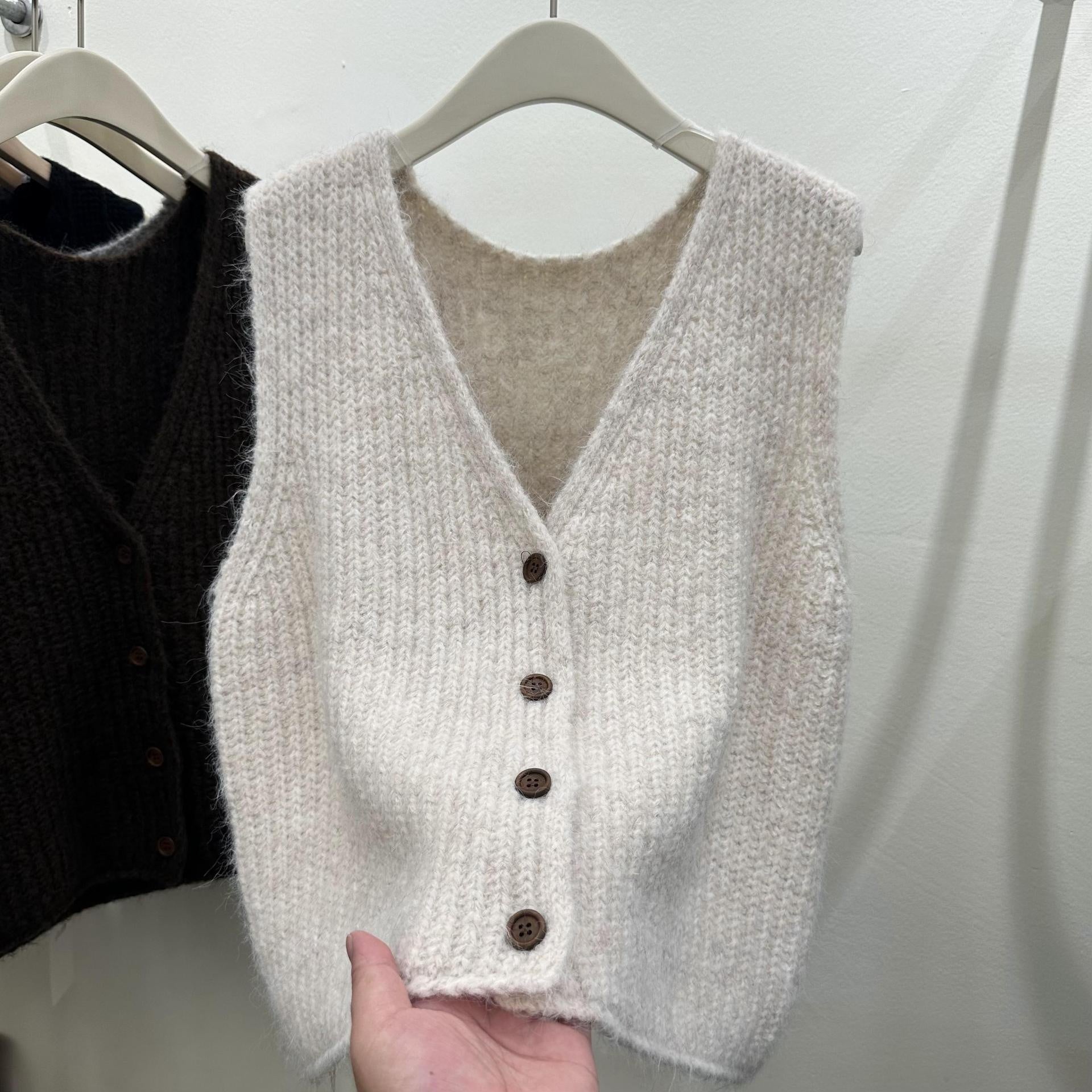 Solid Color Loose-fitting Versatile Sleeveless Cardigan Sweater Vest Women's Knitted Vest Waistcoat Top ARZ