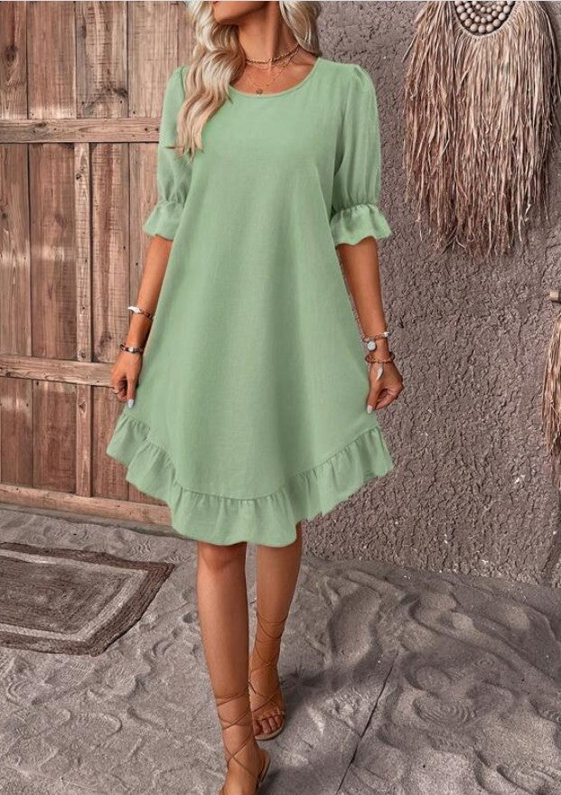 Fashion Ruffle Short-sleeved Dress Summer Solid Color Round Neck Loose Straight Dresses Womens Clothing ARZ